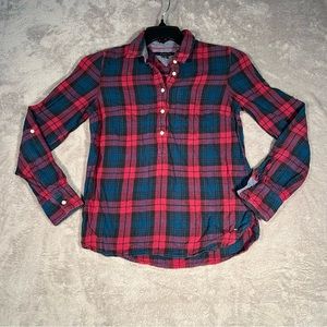 Tommy Hilfiger Shirt Women's Small Blue Red Plaid 1/4 Button Long Sleeve Shirt